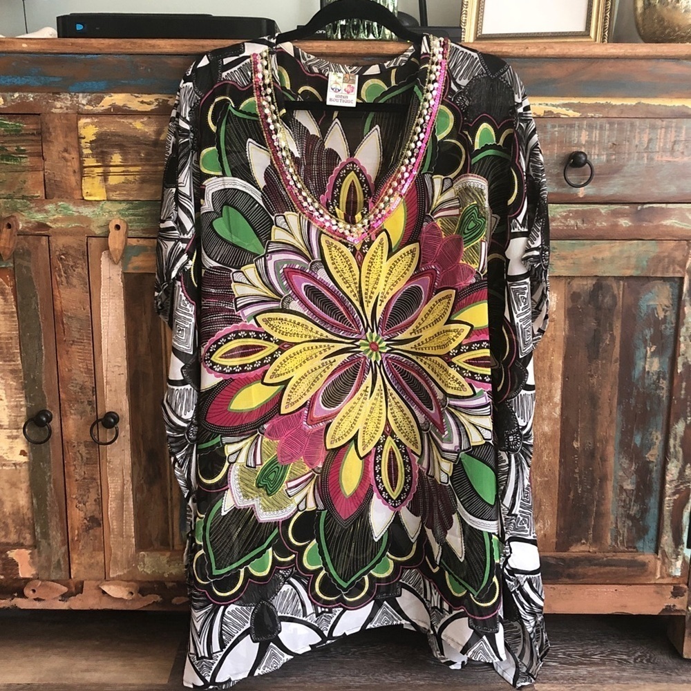 India Boutique Womens Colorful Sheer Swim Cover Up Tunic Size OS Floral Beach